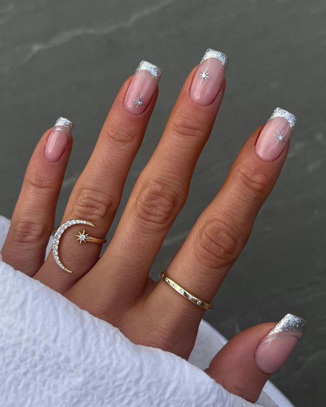 Sheer Pink Glitter French Tips with Stars Sheer Pink Glitter French Tips with Stars — Winter Nail Art