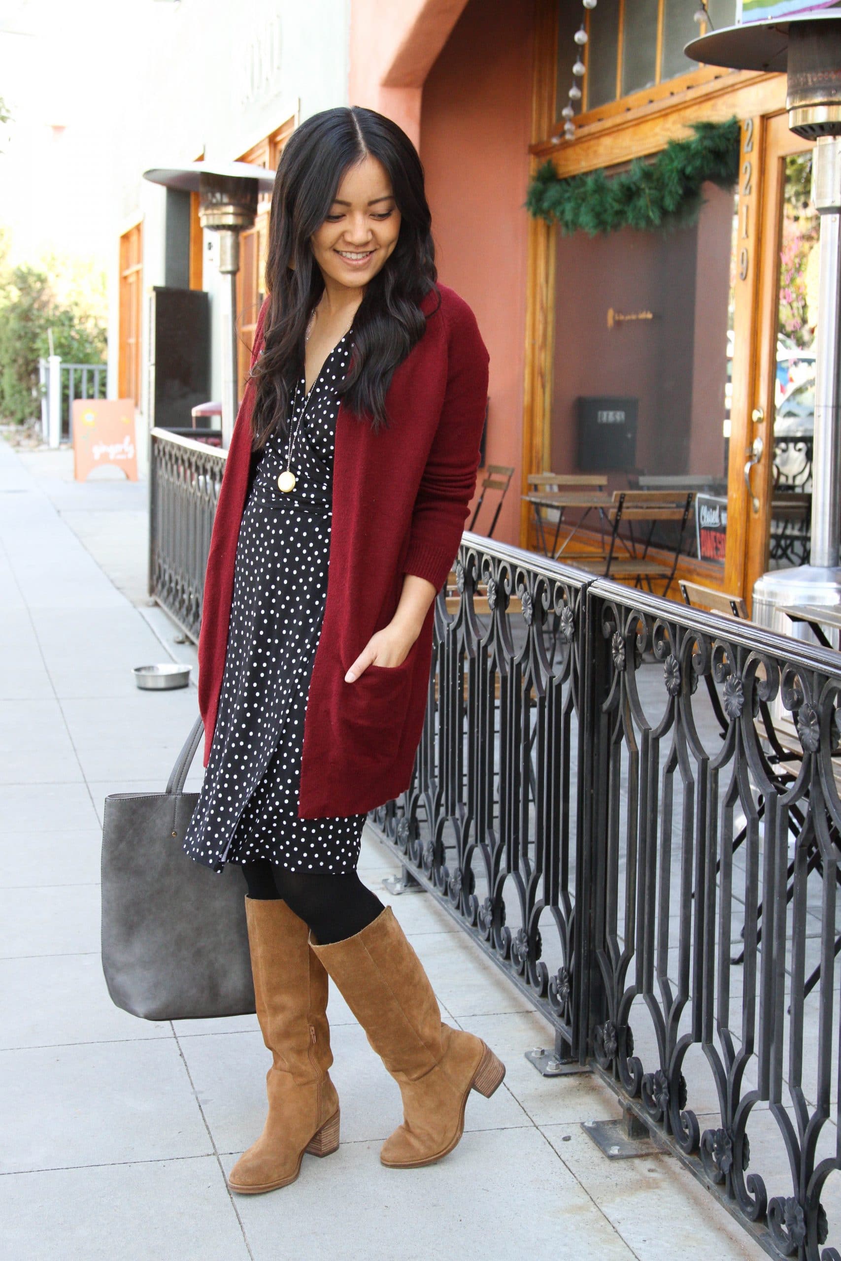 Polka Dot Dress and Cardigan with Suede Boots Polka Dot Dress and Cardigan with Suede Boots — Suede Boots Outfits