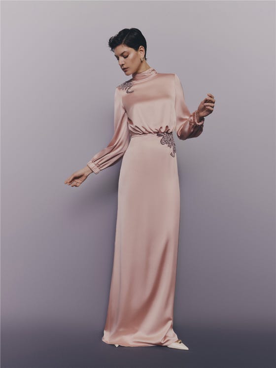 Blush Pink Satin Long Sleeve Dress with Embellishments Blush Pink Satin Long Sleeve Dress with Embellishments — Winter Birthday Outfits