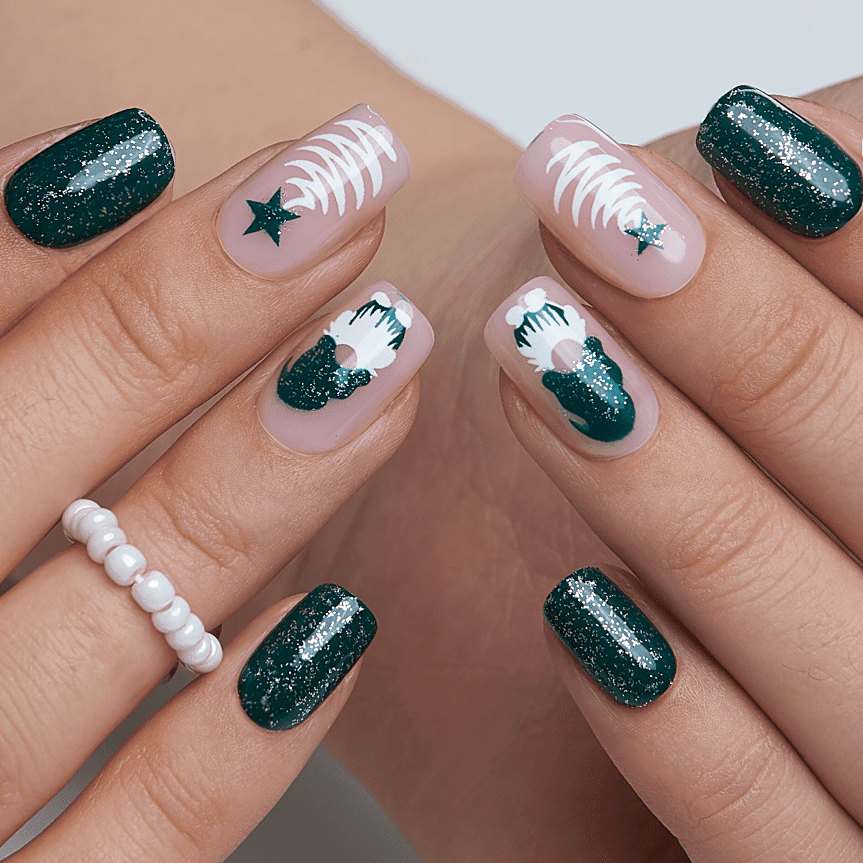 Glitter Green and Nude Pink Squovals with Trees Glitter Green and Nude Pink Squovals with Trees — Winter Squoval Nails
