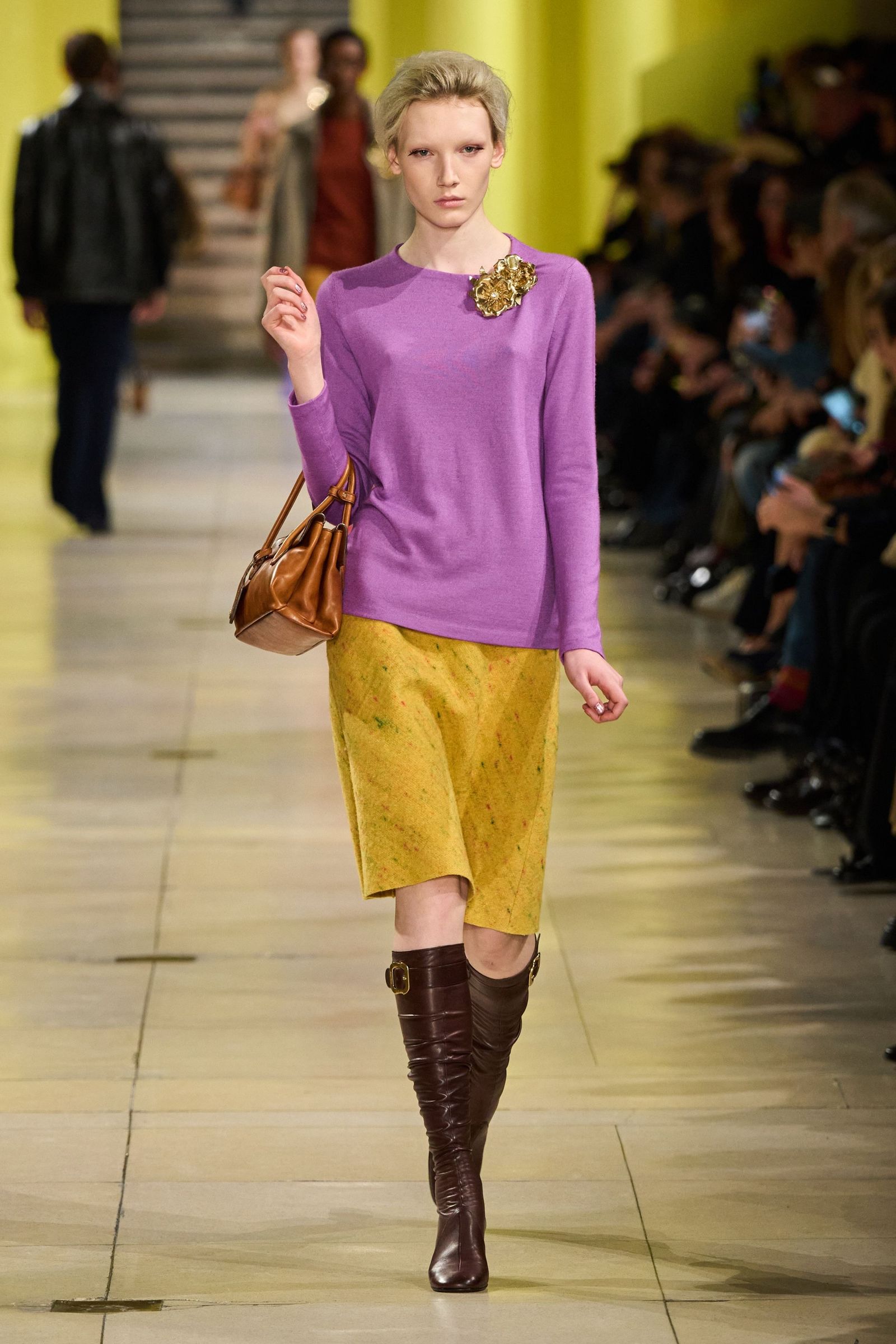 Retro Runway: Tweed Skirt, Knit Sweater, and Brown Leather Boots Retro Runway: Tweed Skirt, Knit Sweater, and Brown Leather Boots — Over the Knee Boots Outfits