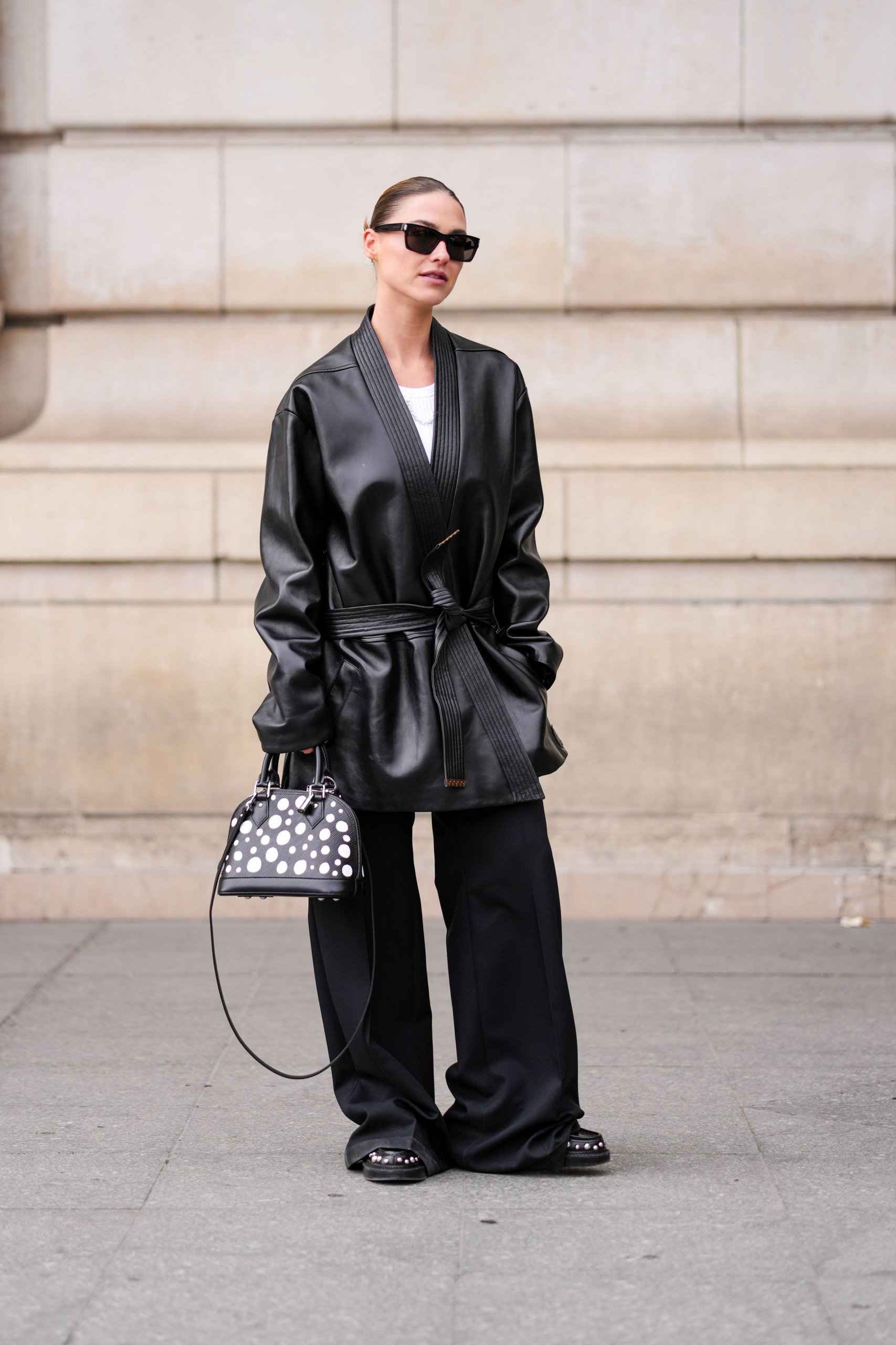 Effortless Chic: Leather Wrap Jacket with Wide-Leg Trousers Effortless Chic: Leather Wrap Jacket with Wide-Leg Trousers — All Black Winter Outfits