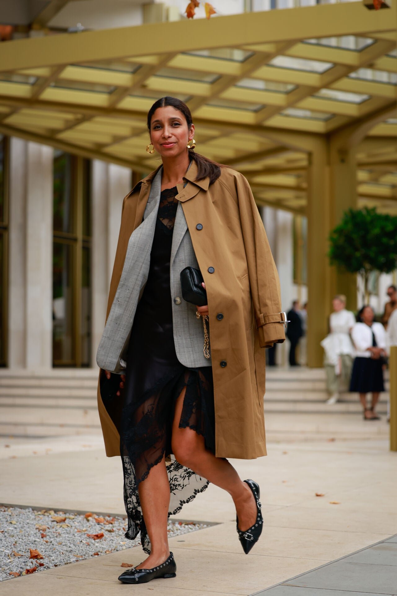 Draped Camel Trench Coat with Lace Slip Dress and Blazer — Long Coat Outfits