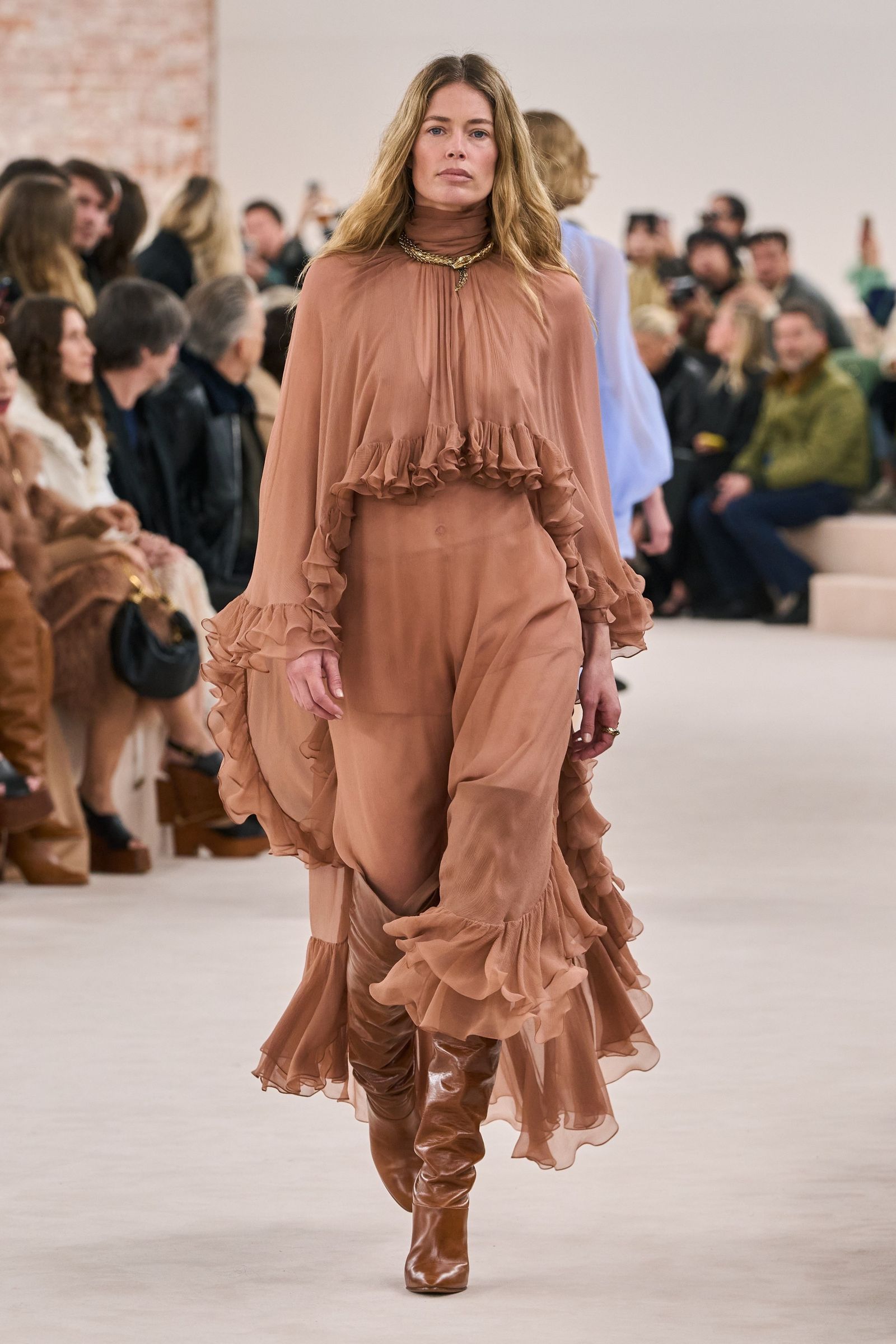Nude Chiffon Ruffled Dress with Leather Boots — Winter Dress Outfits