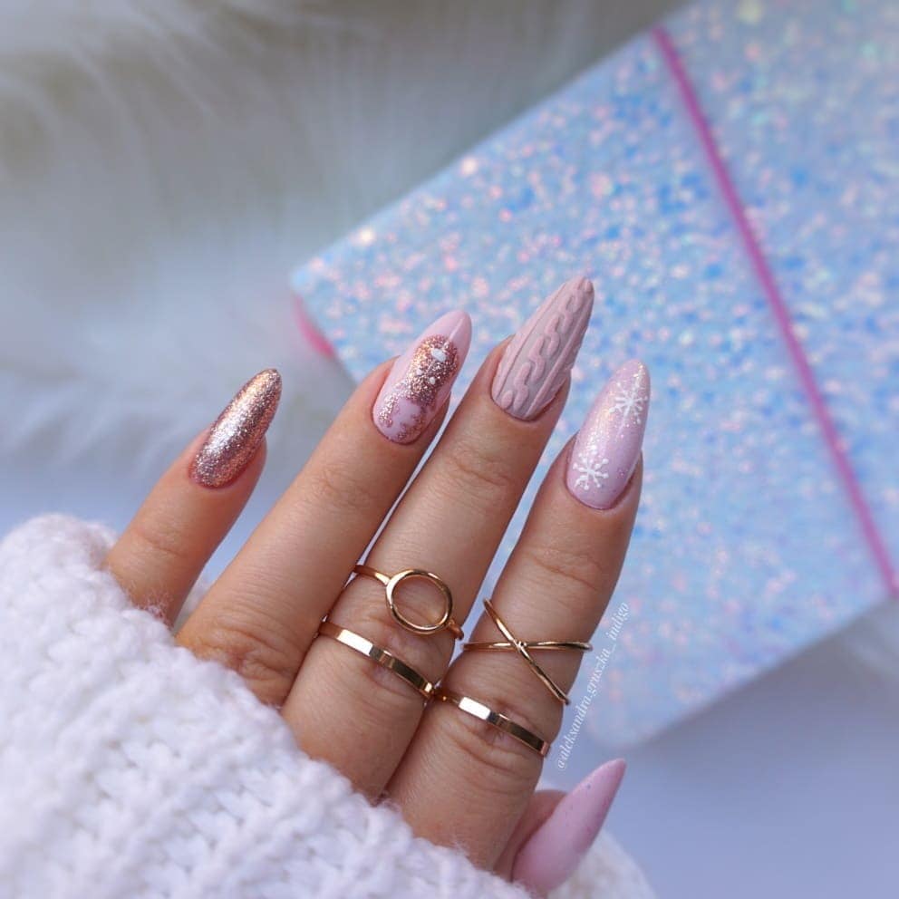Textured Pink Stilettos with Winter Art — Winter Pink Nails