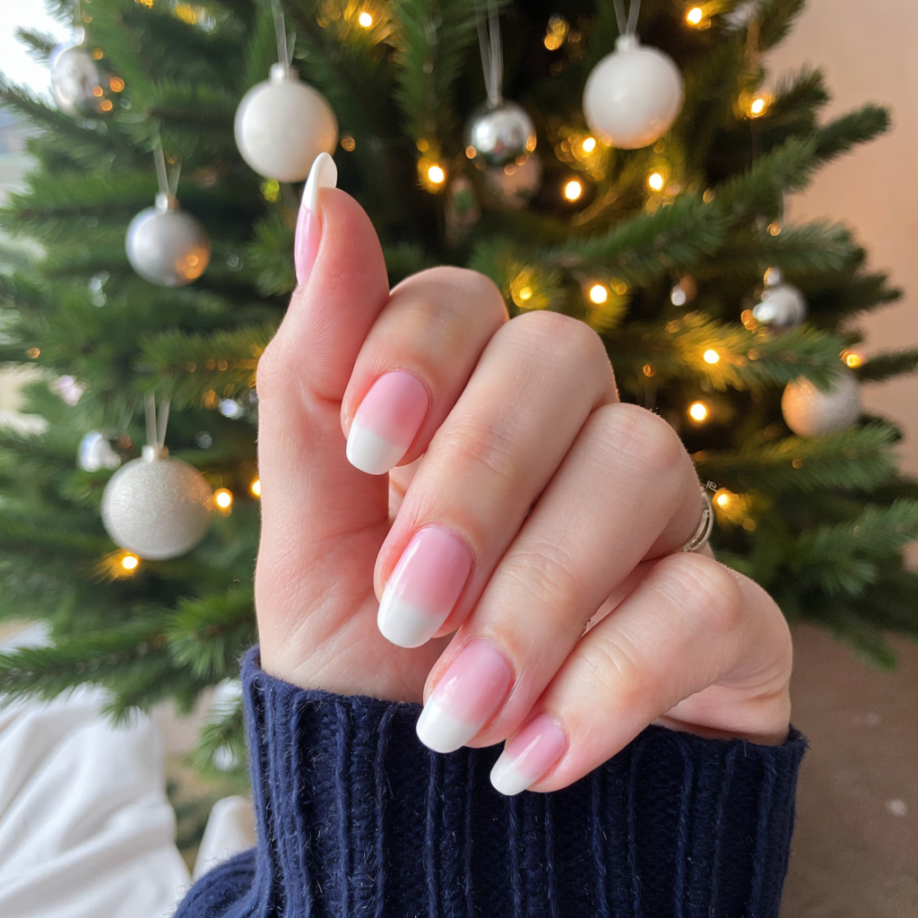 Classic French Manicure Medium Almond Nails — Winter Gel Nails
