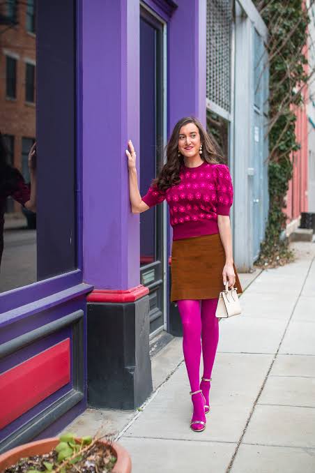 Bright Pink Tights with a Textured Top and Suede Skirt Bright Pink Tights with a Textured Top and Suede Skirt — Tights Outfits