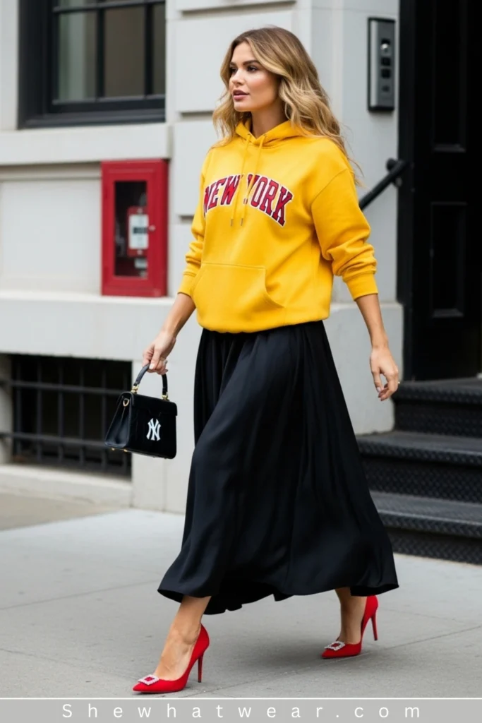 Graphic Hoodie with Flowing Maxi Skirt Graphic Hoodie with Flowing Maxi Skirt — Hoodie Outfits