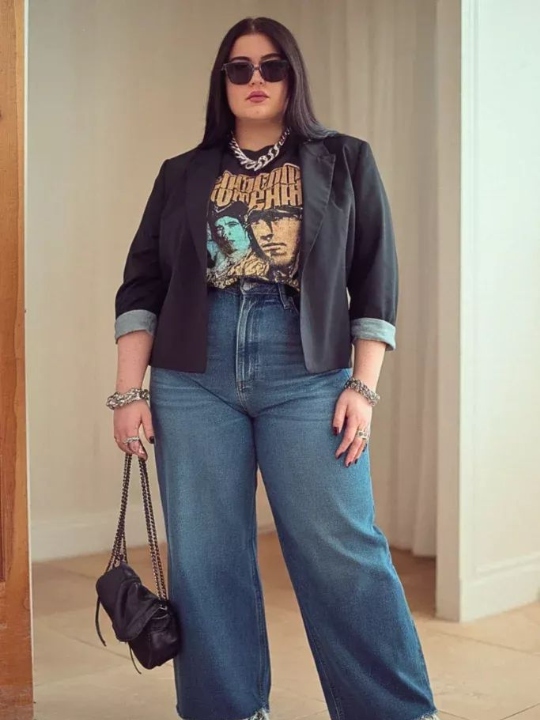 Graphic T-Shirt and Blazer with Wide-Leg Jeans — Winter School Outfits