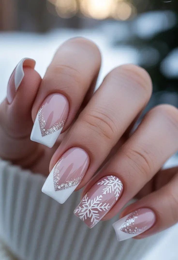 Long Square V-Cut French with Snowflake — Winter Square Nails