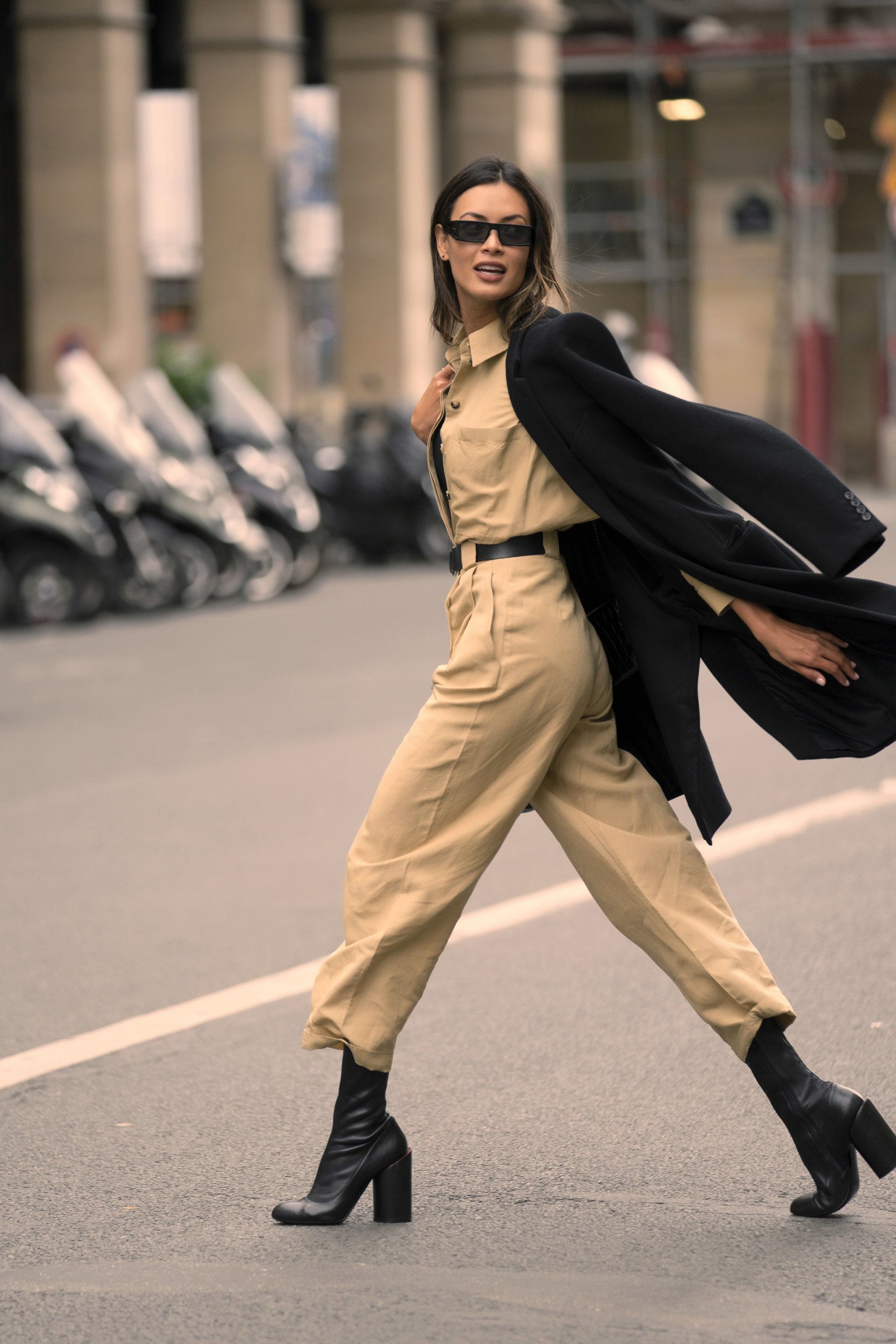 Wide-Leg Jumpsuit with Heeled Ankle Boots and Draped Coat Wide-Leg Jumpsuit with Heeled Ankle Boots and Draped Coat — Black Boots Outfits