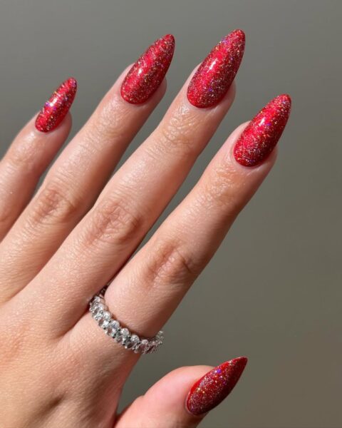 Holographic Red Stiletto Sparkle — Winter Glitter Nails