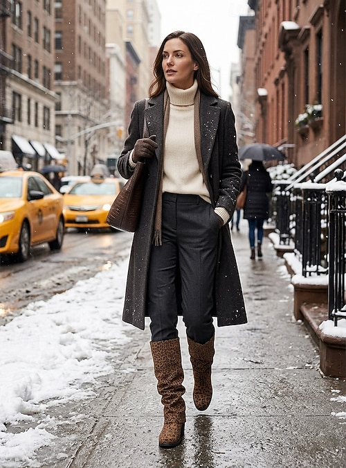 Leopard Print Slouchy Boots for Winter Street Style Leopard Print Slouchy Boots for Winter Street Style — Slouchy Boots Outfits
