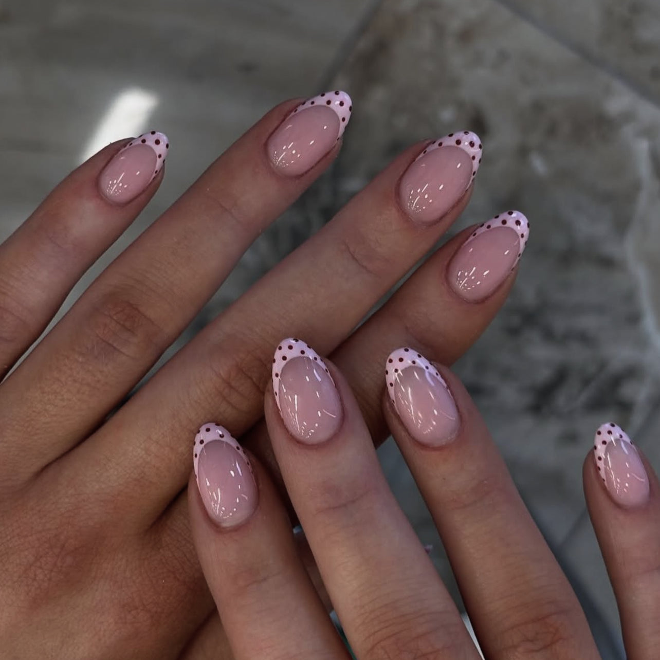 Sheer Pink French with Dark Pink Polka Dots — Winter Almond Nails