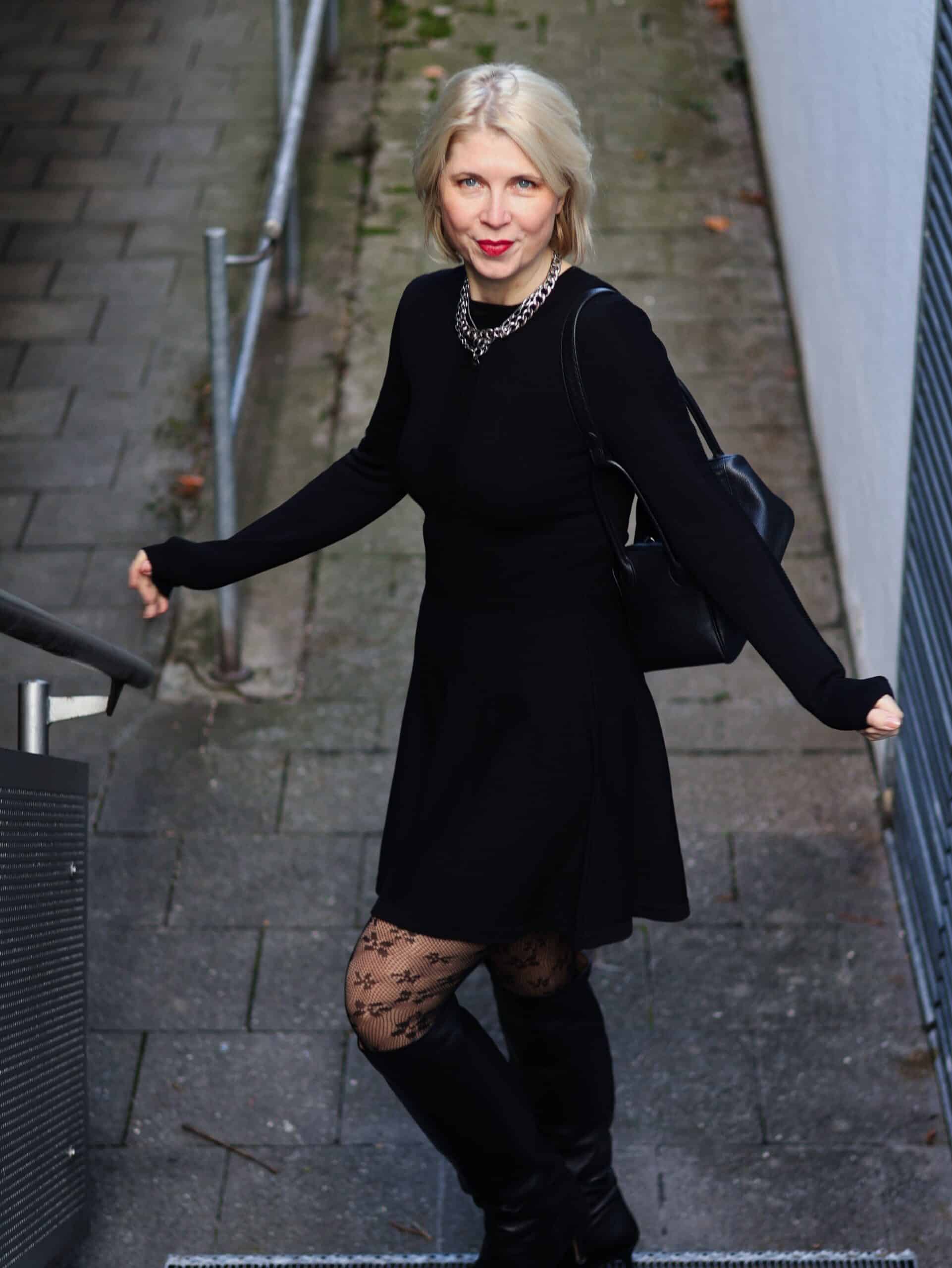 Textural Elegance: Knit Dress with Lace Tights Textural Elegance: Knit Dress with Lace Tights — All Black Winter Outfits