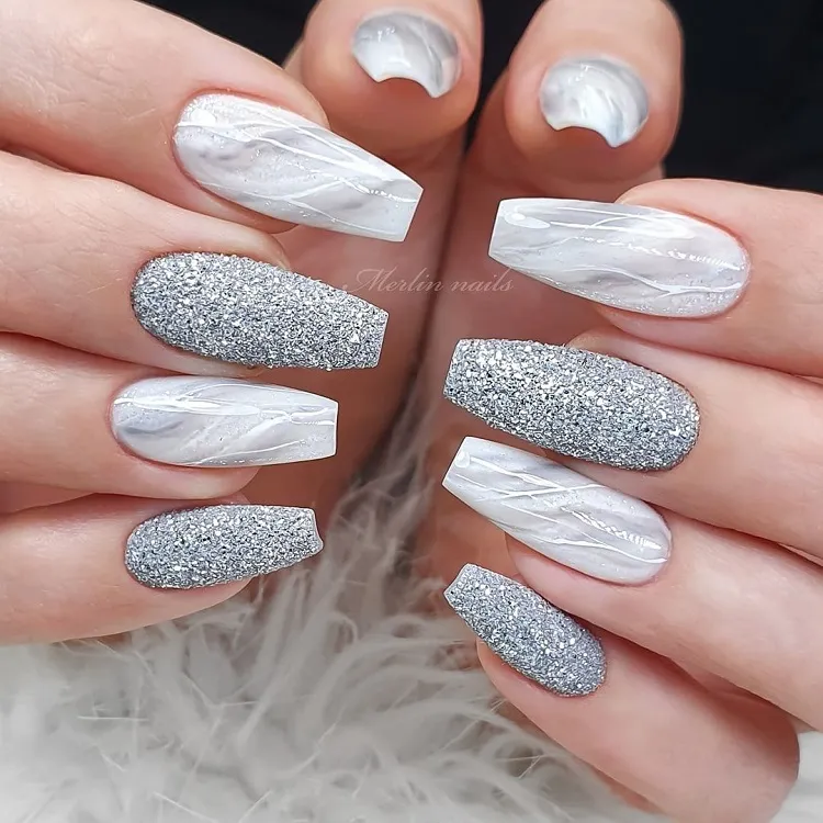 Glossy Glitter Visual Idea — Winter Marble Nails