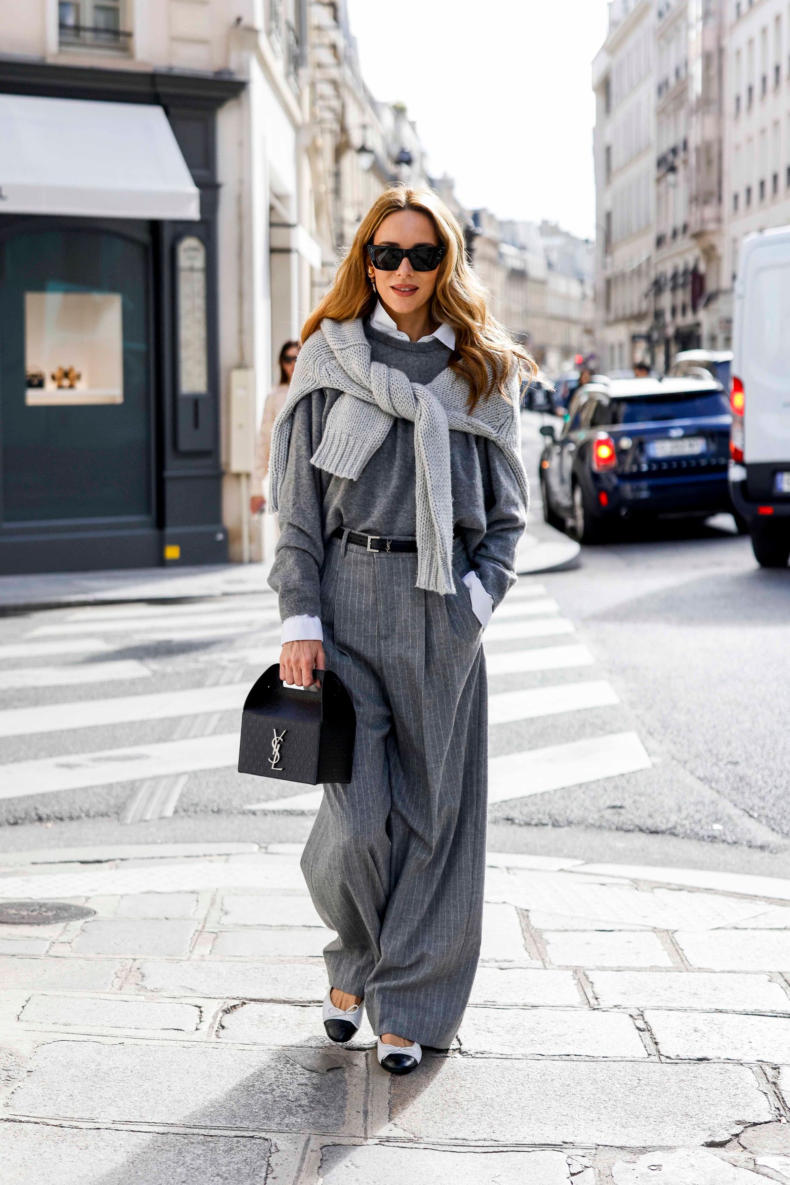 Grey Jumpsuit with Sweater Tied Over Shoulders and Black Belt Grey Jumpsuit with Sweater Tied Over Shoulders and Black Belt — Sweater Outfits