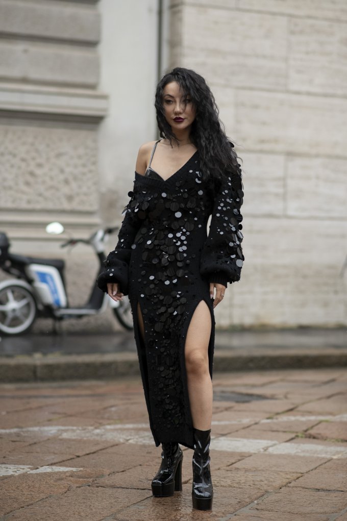Black Off-the-Shoulder Sequin Dress with High Slit Black Off-the-Shoulder Sequin Dress with High Slit — Winter Birthday Outfits