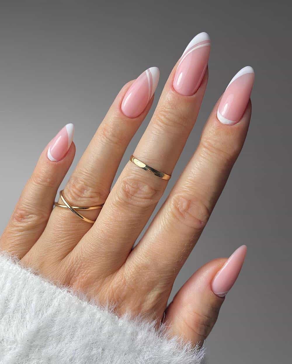 Modern White Line French Almonds — Medium Length Winter Nails