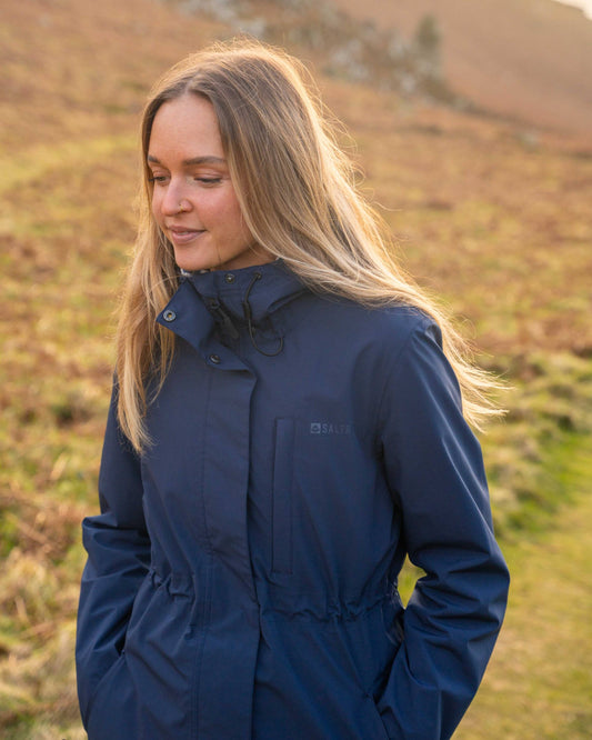 Navy Blue Hooded Jacket with Cinched Waist Detail Navy Blue Hooded Jacket with Cinched Waist Detail — Winter Jackets for Women