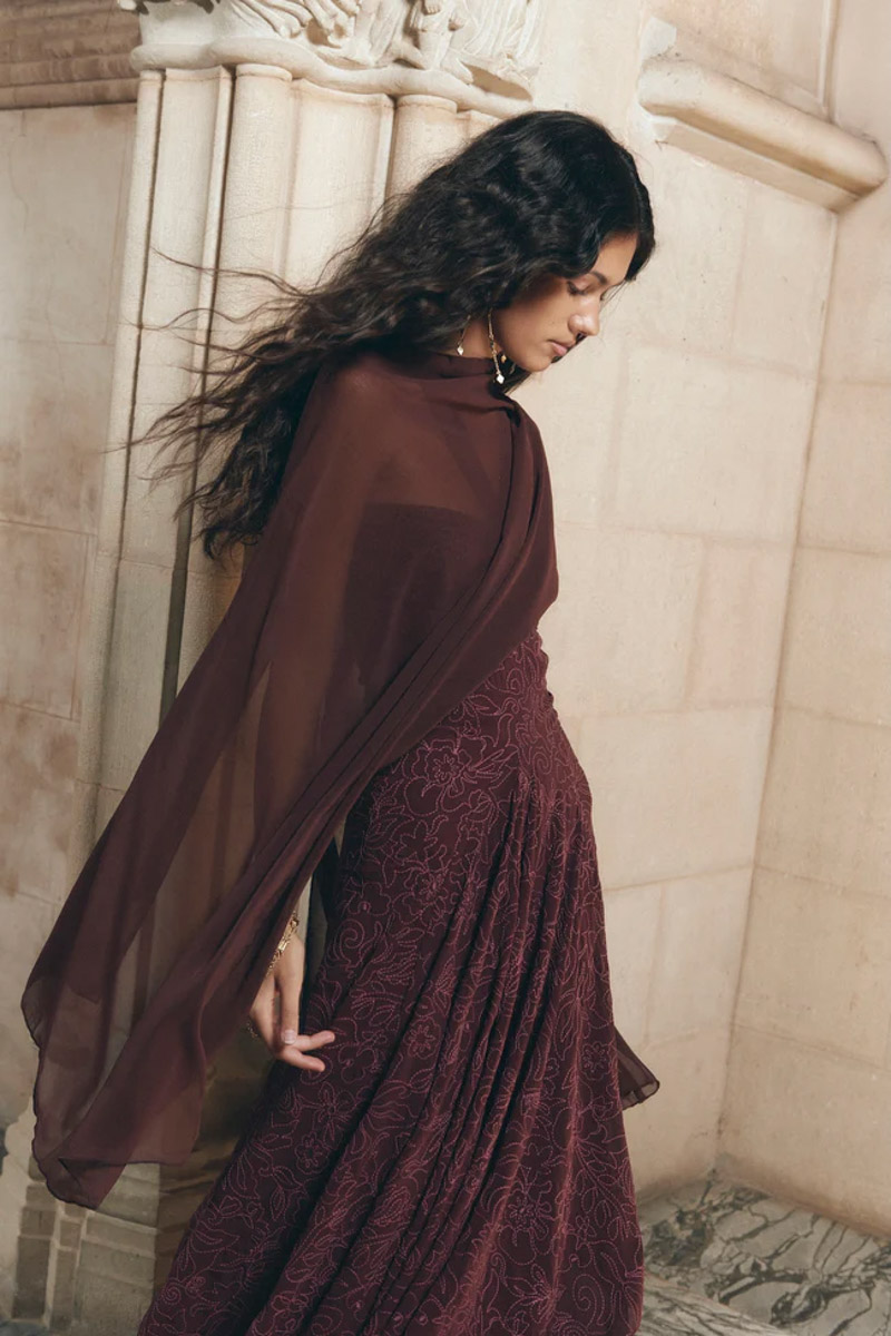 Burgundy Dress with a Sheer Chiffon Cape Overlay Burgundy Dress with a Sheer Chiffon Cape Overlay — Winter Wedding Guest Outfits