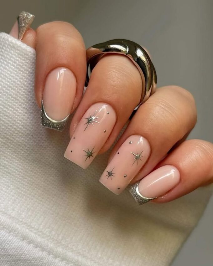 Sheer Pink Base Silver Glitter Tips Visual Idea — Winter Glitter Nails