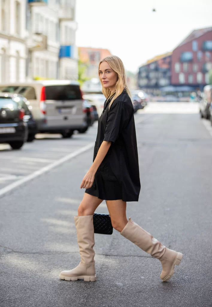 Casual Comfort: Oversized Shirt Dress and Chunky Beige Boots Casual Comfort: Oversized Shirt Dress and Chunky Beige Boots — Over the Knee Boots Outfits