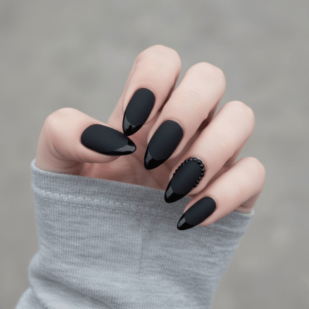 Matte Black Glossy Tip Almonds — Winter Black Nails