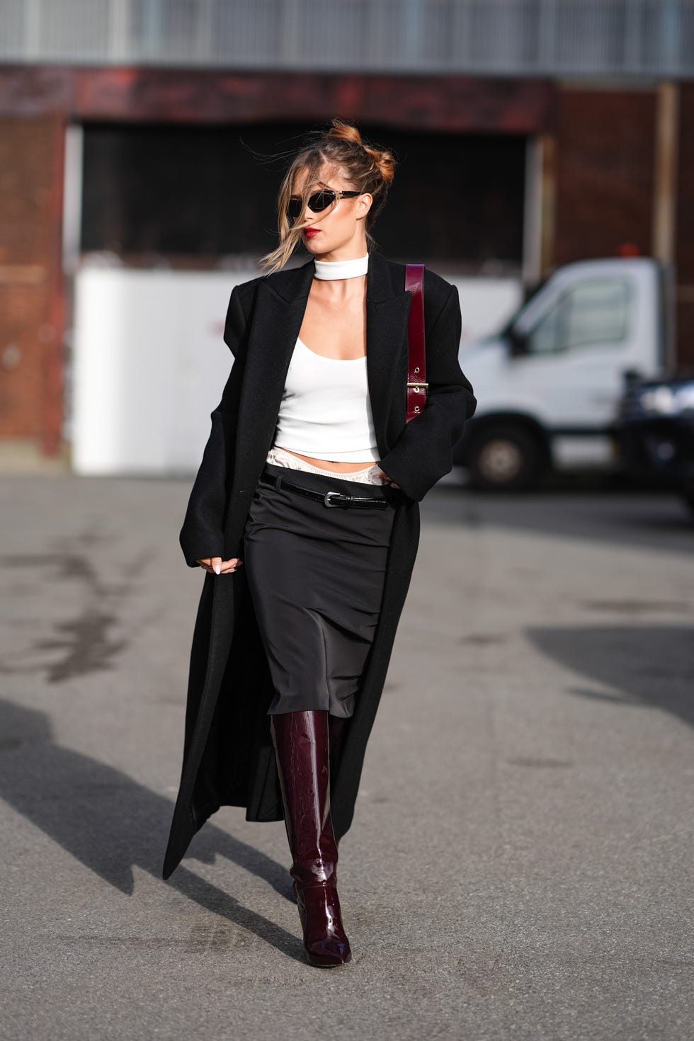 Bold Contrast: Black Coat with Burgundy Boots Bold Contrast: Black Coat with Burgundy Boots — Dressy Winter Outfits