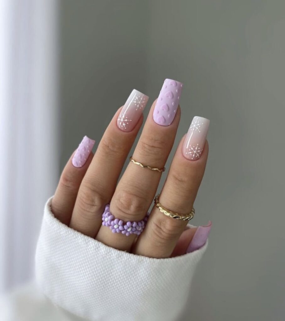 Medium Square Pink Gradient with Snowflakes, Purple with Hearts — Winter Square Nails