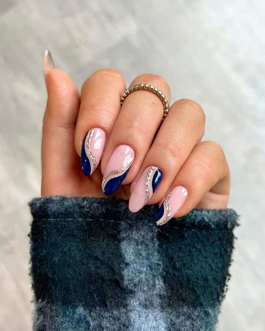 Pale Pink Color Blocking with Glitter — Medium Length Winter Nails
