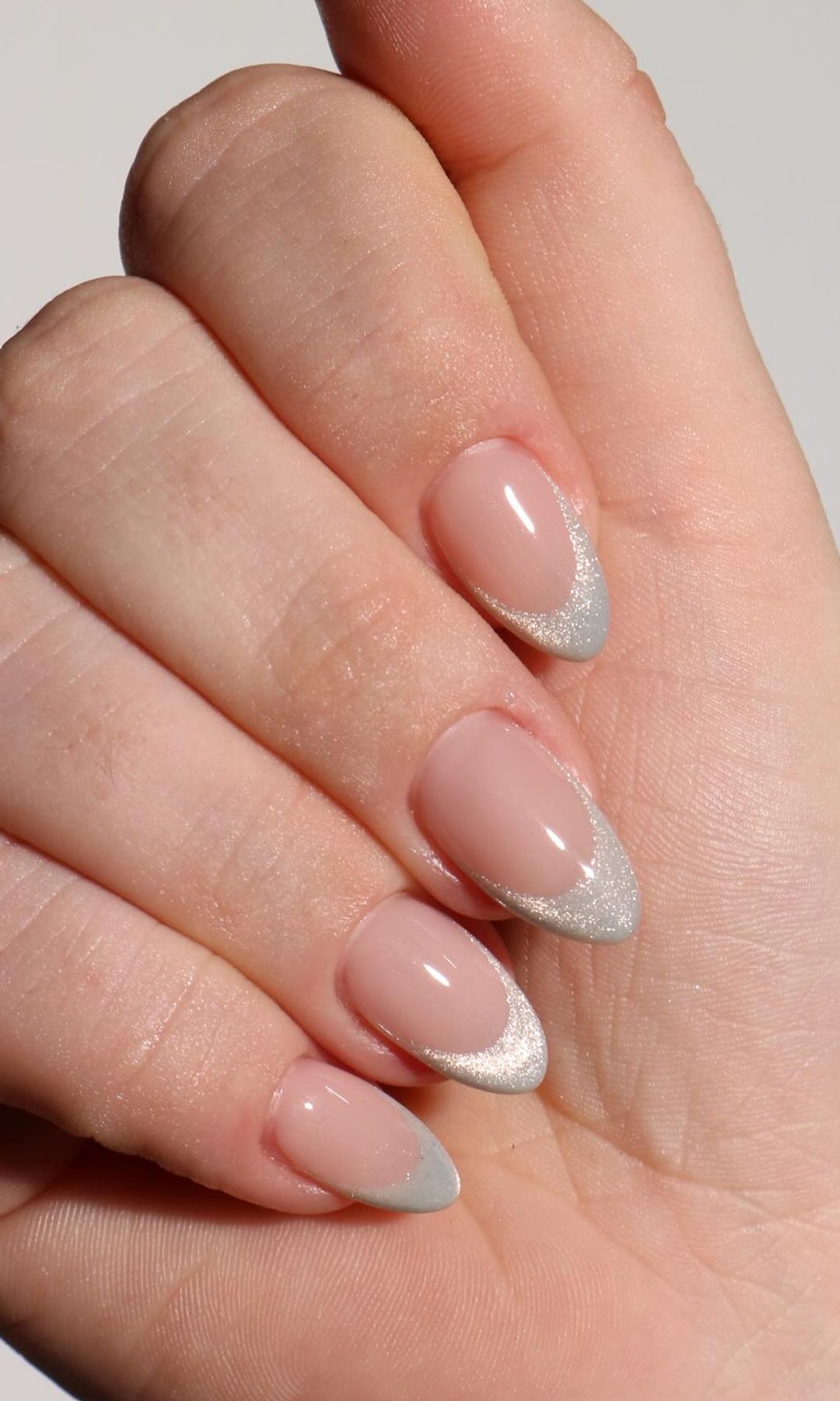 Short Almond Grey Tips with Silver Glitter Band — Winter French Tip Nails