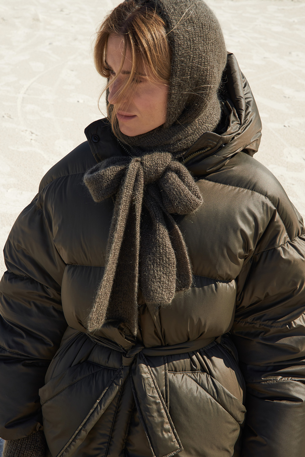 Oversized Belted Puffer with Knitted Hood and Scarf — Cute Winter Outfits