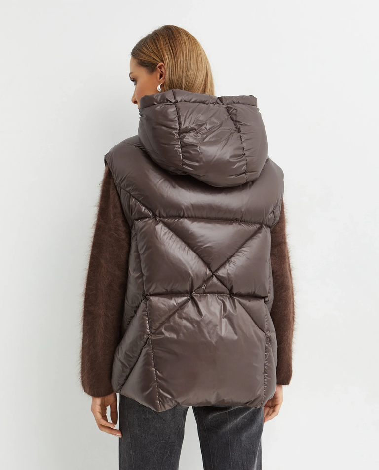 Brown Shiny Puffer Vest Over Fuzzy Knit Sweater — Puffer Vest Outfits
