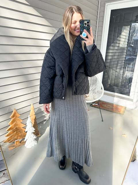 Black Quilted Puffer Jacket Over a Grey Knit Dress Black Quilted Puffer Jacket Over a Grey Knit Dress — Winter Outfits for Moms