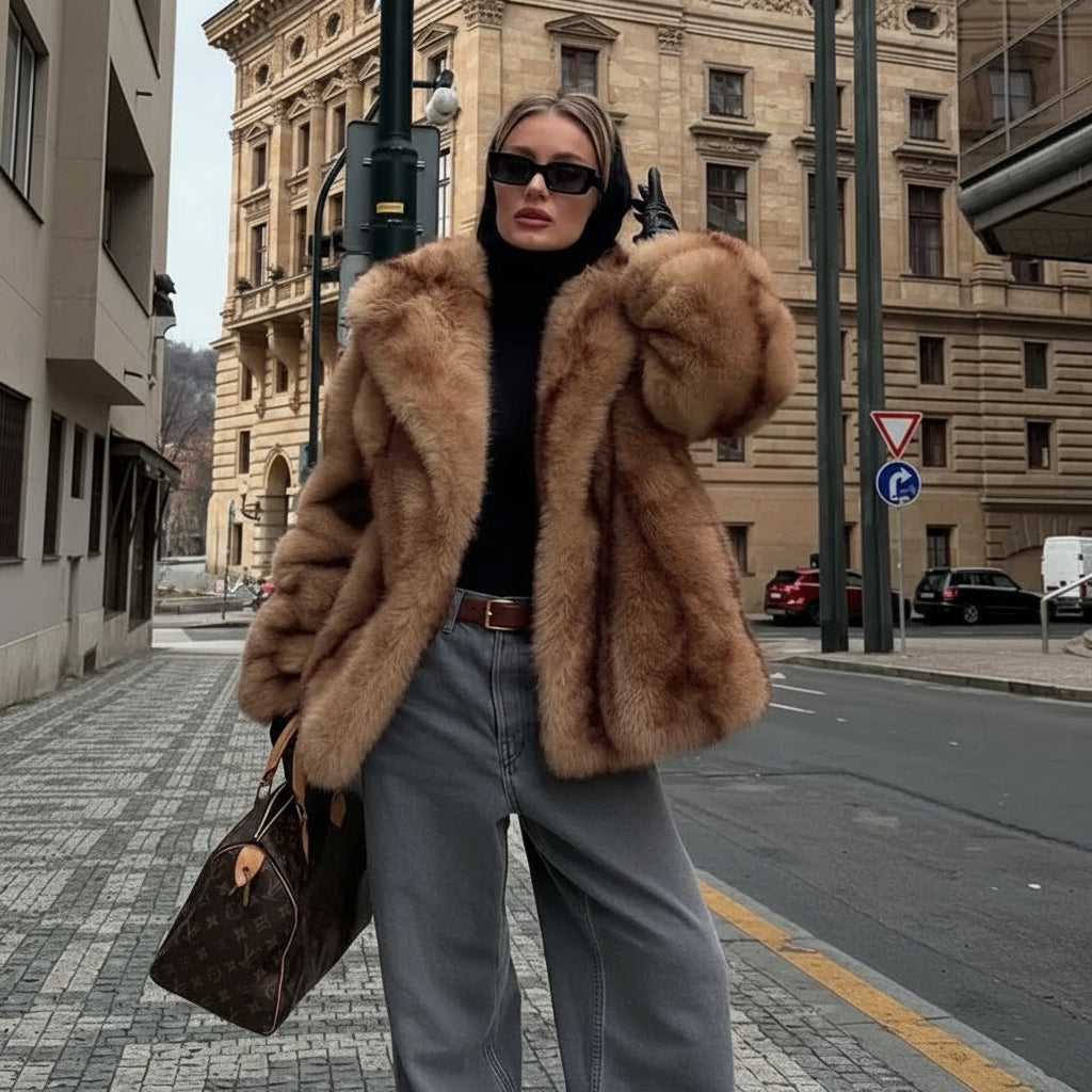 Oversized Faux Fur Coat Over Turtleneck and Wide-Leg Jeans Oversized Faux Fur Coat Over Turtleneck and Wide-Leg Jeans — Winter Dinner Outfits