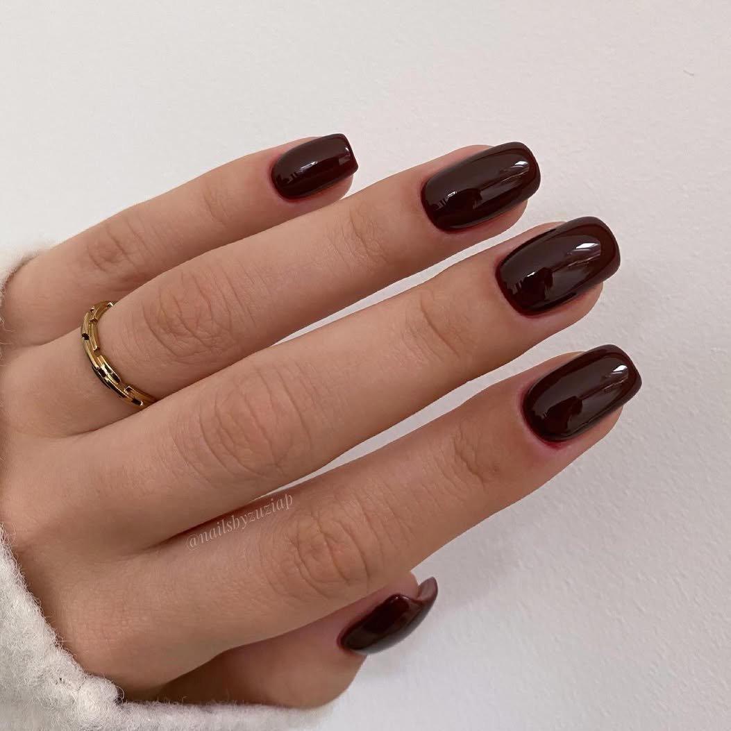 Deep Glossy Dark Brown Square Nails — Classy Winter Nails