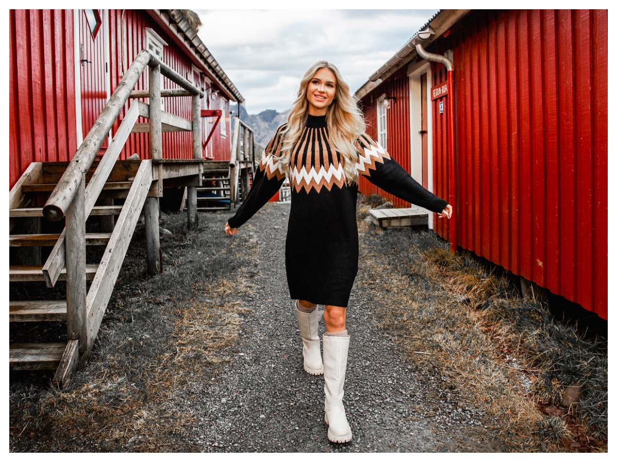 Patterned Knit Midi Dress with White Knee-High Boots — Winter Outfits for Plus Size Women
