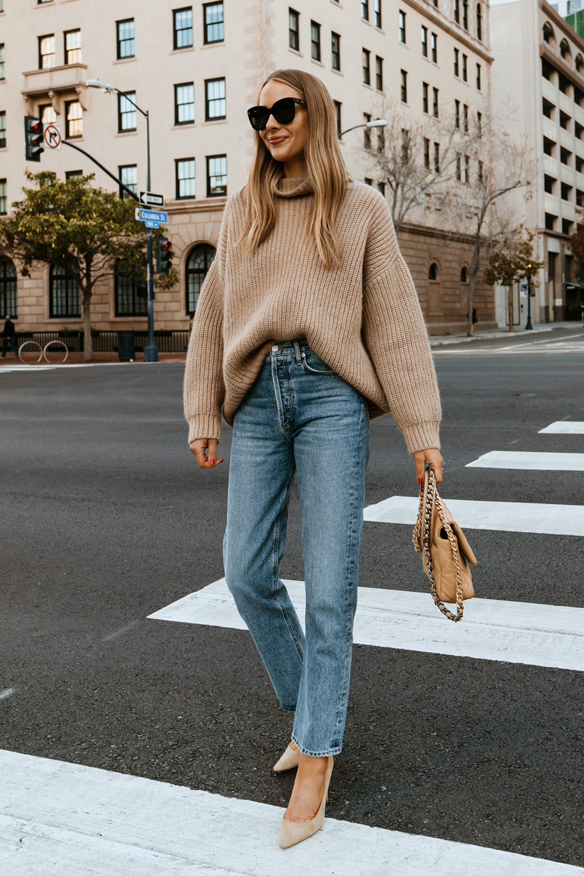Camel Oversized Turtleneck with Denim and Nude Pumps Camel Oversized Turtleneck with Denim and Nude Pumps — Oversized Sweater Outfits