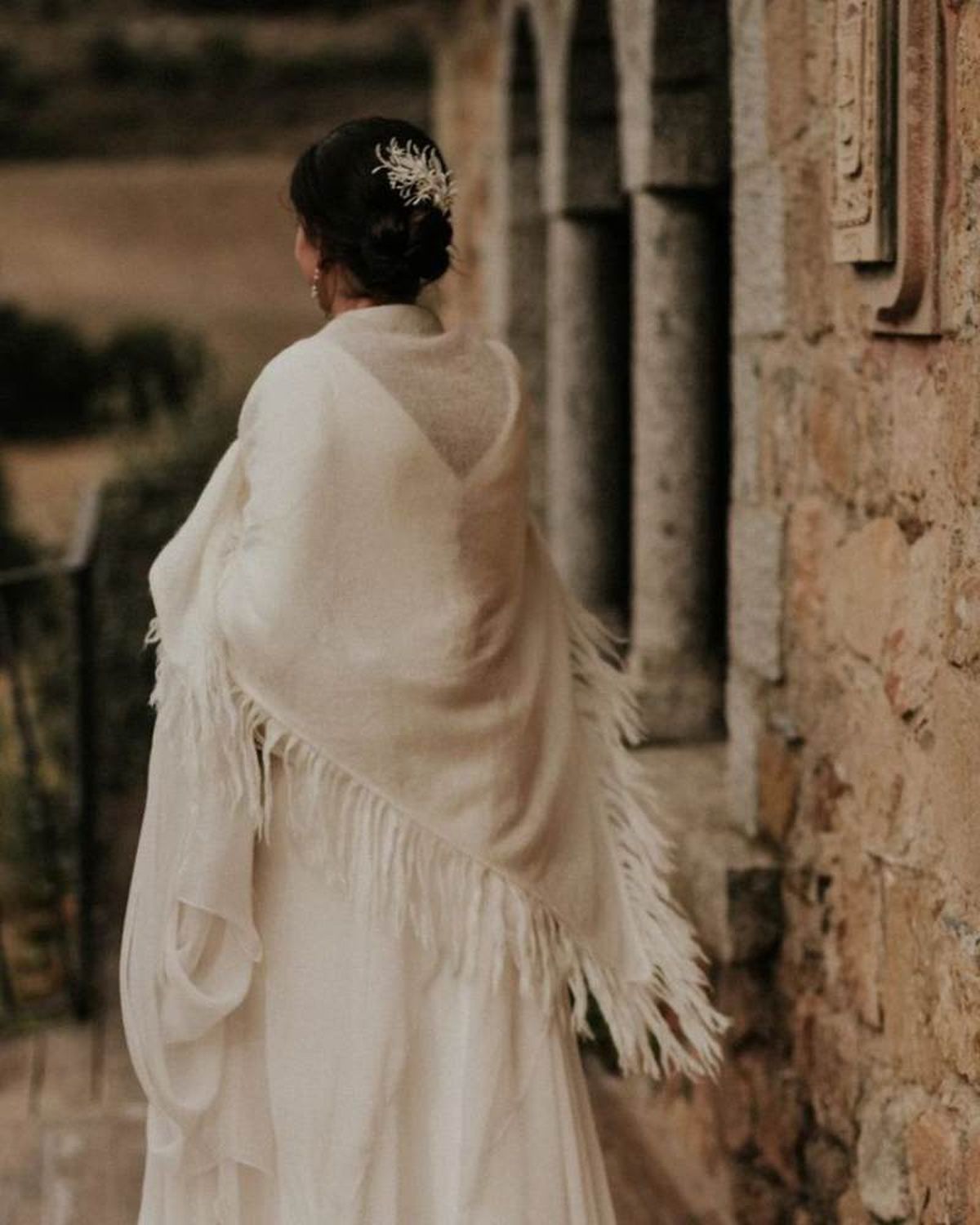 Ivory A-line Dress with Fringed Wool Shawl — Winter Dress Outfits