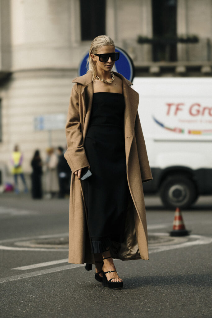 Camel Wool Coat Over Black Strapless Dress — Long Coat Outfits