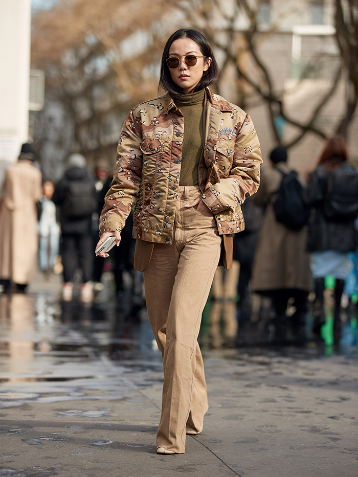 Camouflage Puffer Jacket with Olive Turtleneck and Corduroy Pants Camouflage Puffer Jacket with Olive Turtleneck and Corduroy Pants — Winter Outfits for Women Over 60