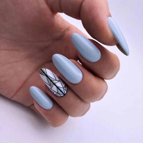 Pale Blue Geometric Silver Glitter Nails — Winter Gel Nails