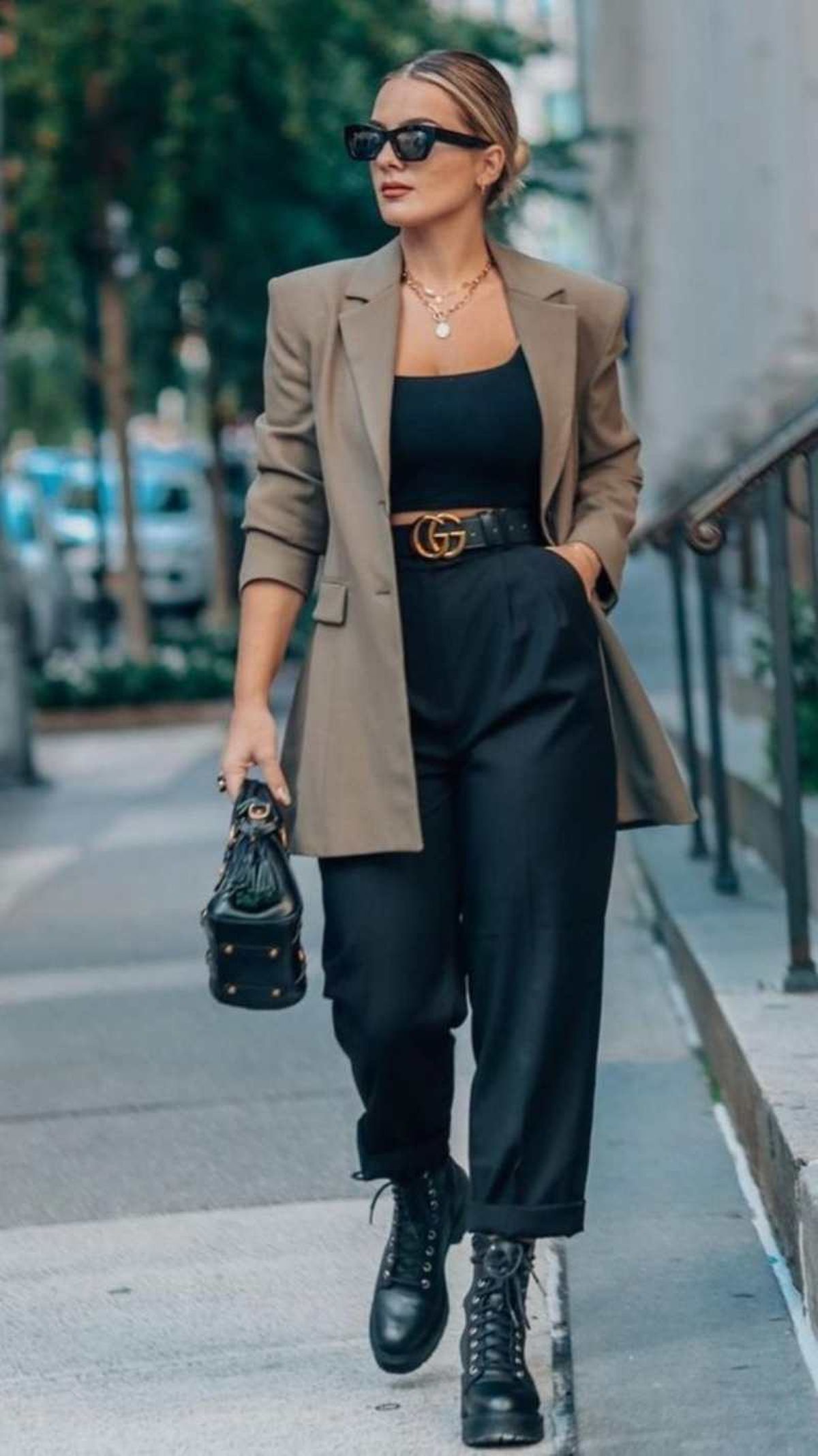 Wide-Leg Trousers and Crop Top with Oversized Blazer Wide-Leg Trousers and Crop Top with Oversized Blazer — Combat Boots Outfits