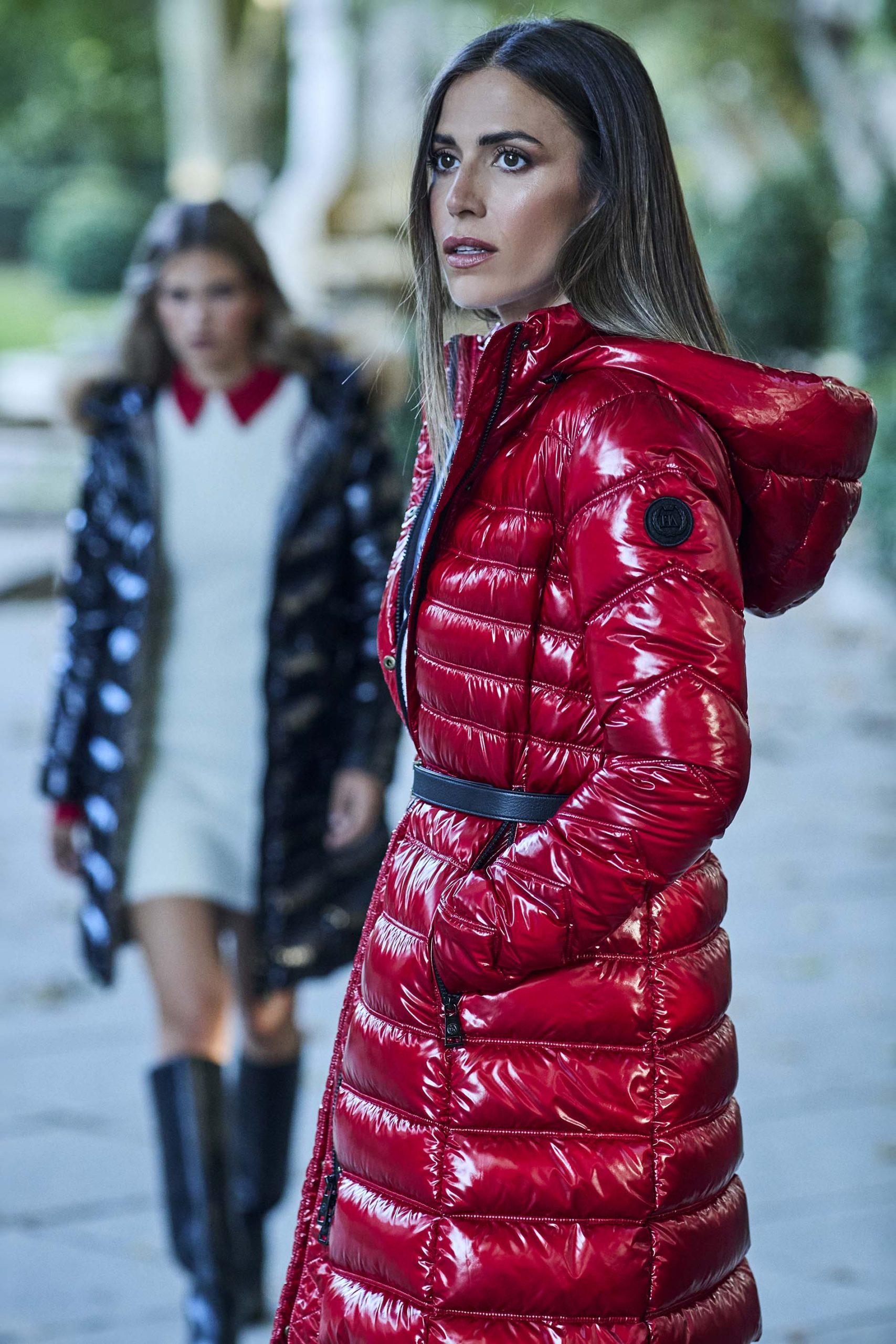 Shiny Red Puffer Jacket Cinched with a Belt — Winter Puffer Jacket Outfits