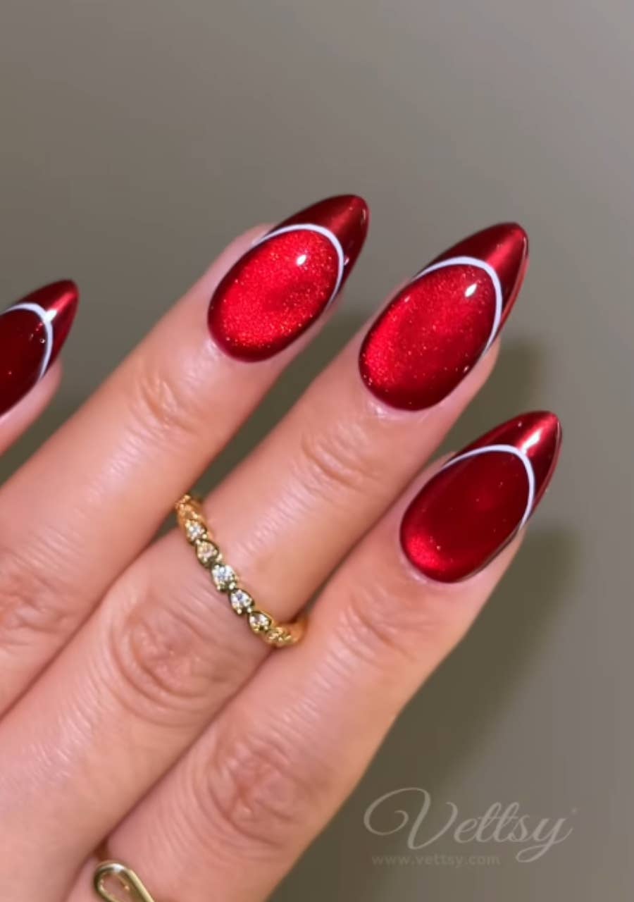 Metallic Chrome Red French Tip Nails Metallic Chrome Red French Tip Nails — Winter Nail Colors