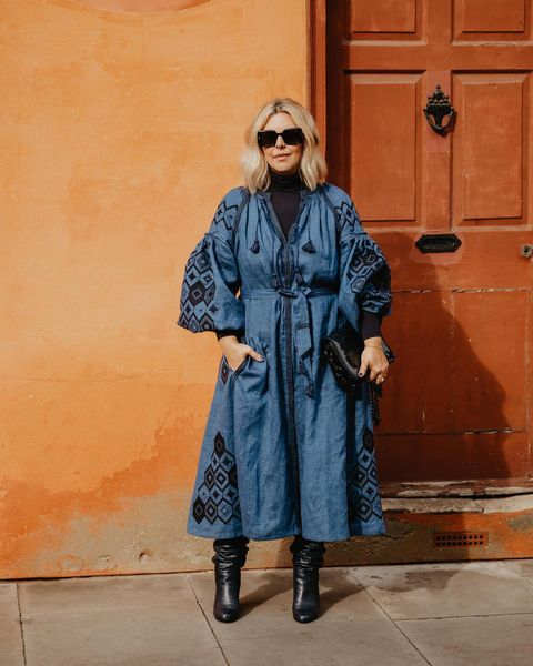 Embroidered Denim Dress Layered Over a Black Turtleneck Embroidered Denim Dress Layered Over a Black Turtleneck — Winter Outfits for Moms