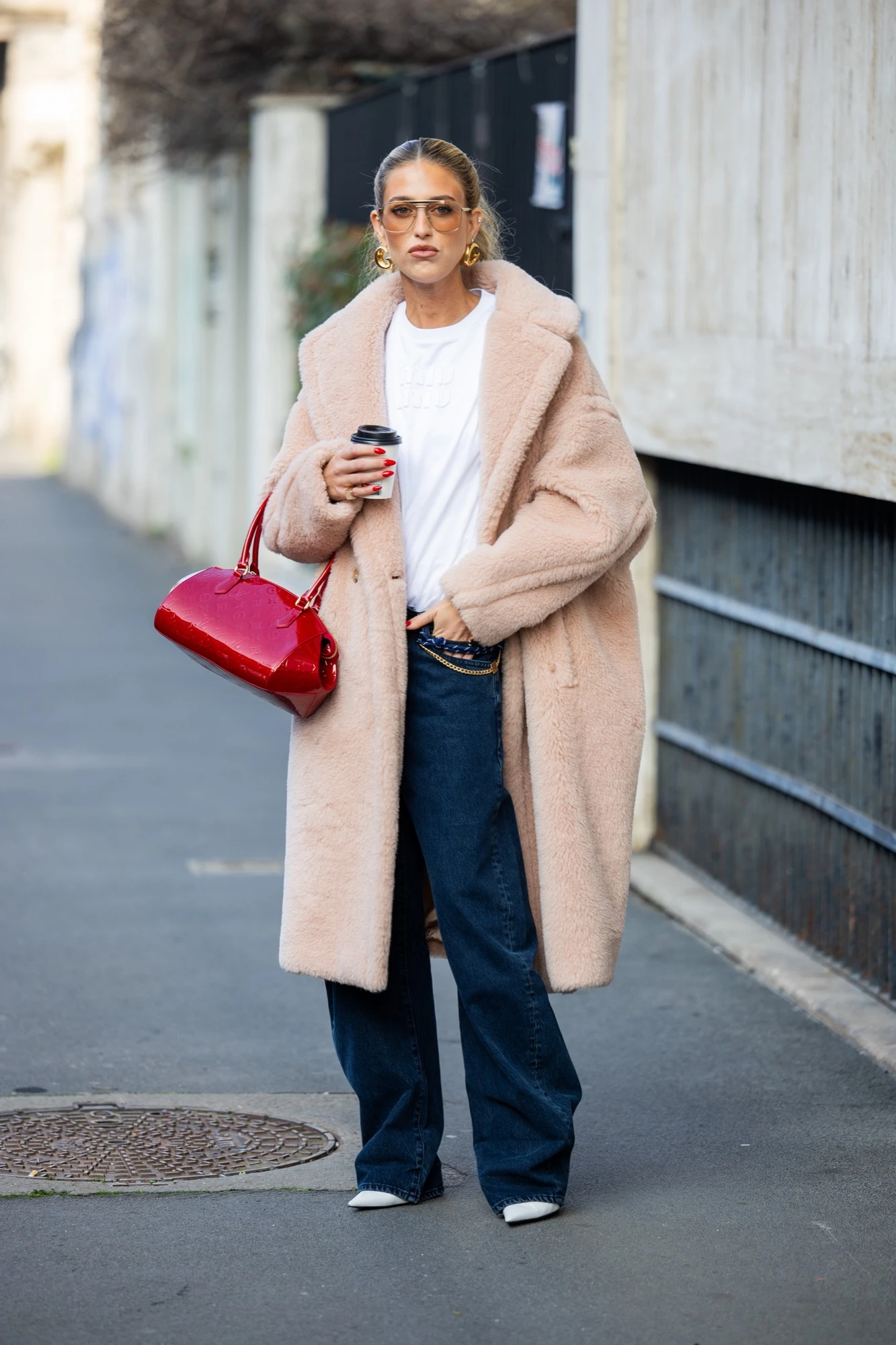 Pale Pink Teddy Coat Paired with Denim and Sneakers — Teddy Coat Outfits