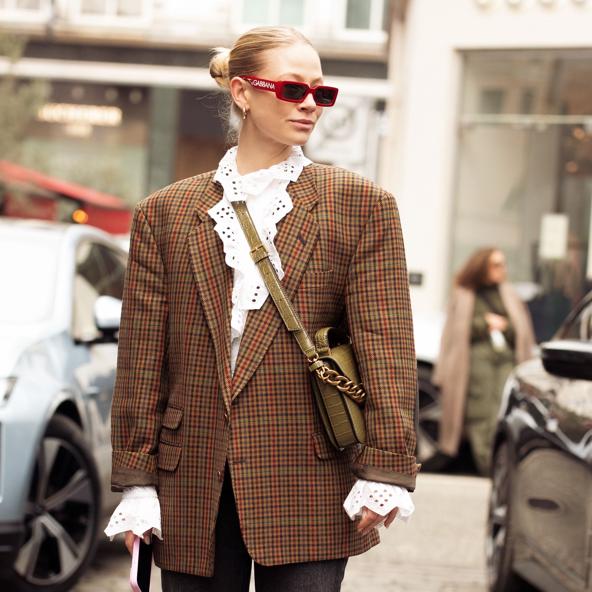 Brown Plaid Blazer with Ruffled Blouse for a Sophisticated Work Look Brown Plaid Blazer with Ruffled Blouse for a Sophisticated Work Look — Winter Work Outfits