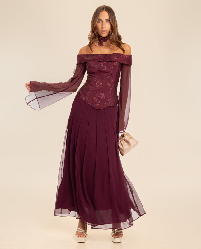 Off-the-Shoulder Top with Sheer Bell Sleeves and Burgundy Skirt Off-the-Shoulder Top with Sheer Bell Sleeves and Burgundy Skirt — Winter Wedding Guest Outfits